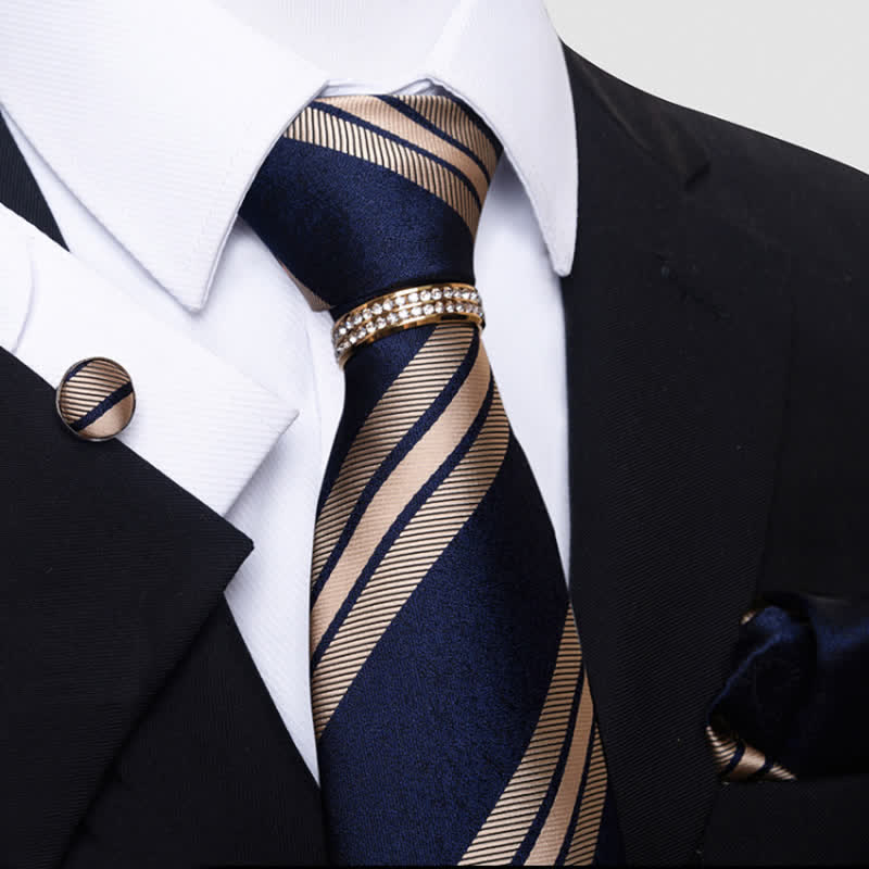 Set di 4 cravatte a righe da uomo con anello per cravatta - Blu notte - image 2