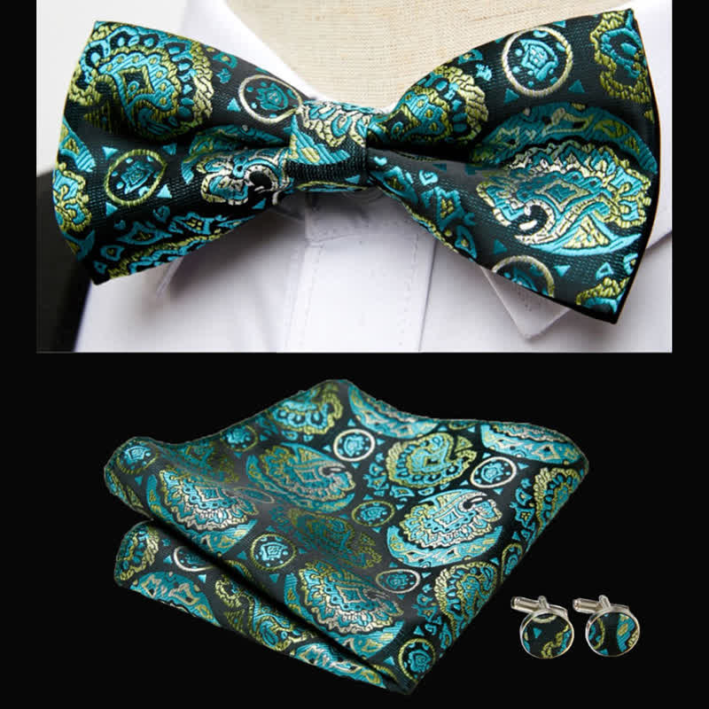Set di 3 fazzoletti da taschino con papillon e motivo paisley color smeraldo da uomo - Smeraldo - image 0