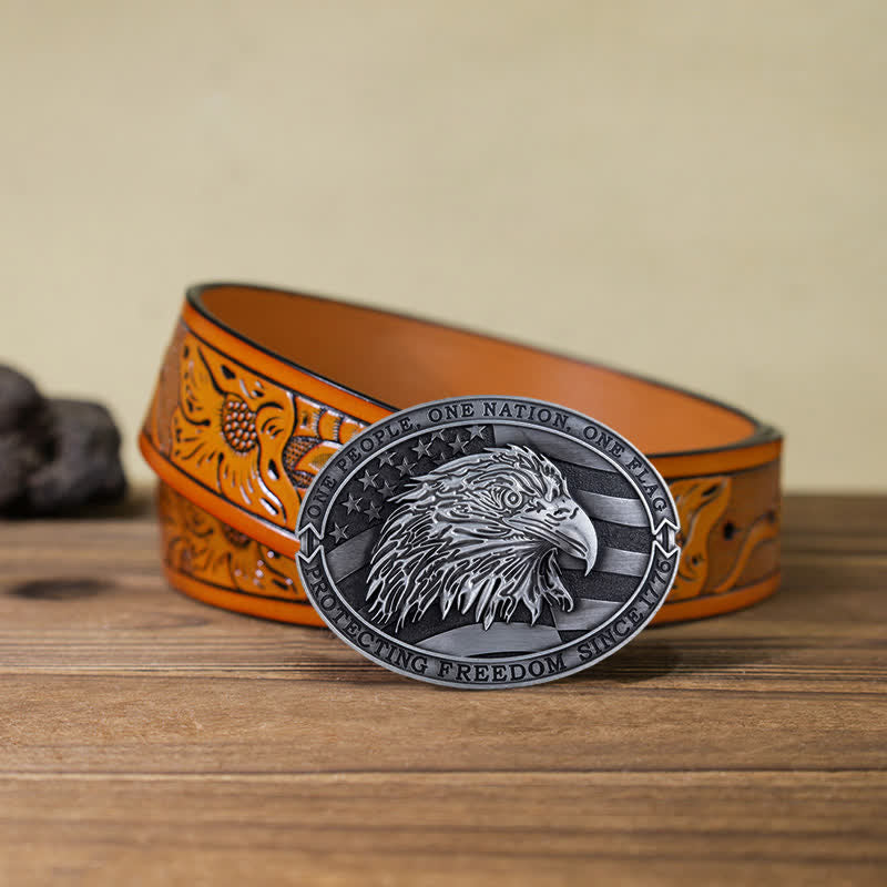 Cintura in pelle con fibbia della bandiera USA con aquila calva patriottica fai da te da uomo - Argento antico - Cintura intagliata arancione (40) - image 24