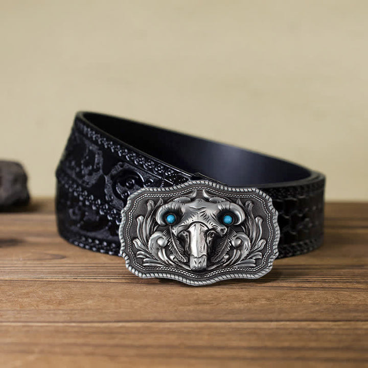 Cintura in pelle con fibbia turchese con teschio di capra fai da te da uomo - Argento - Cintura nera intagliata (40) - image 10