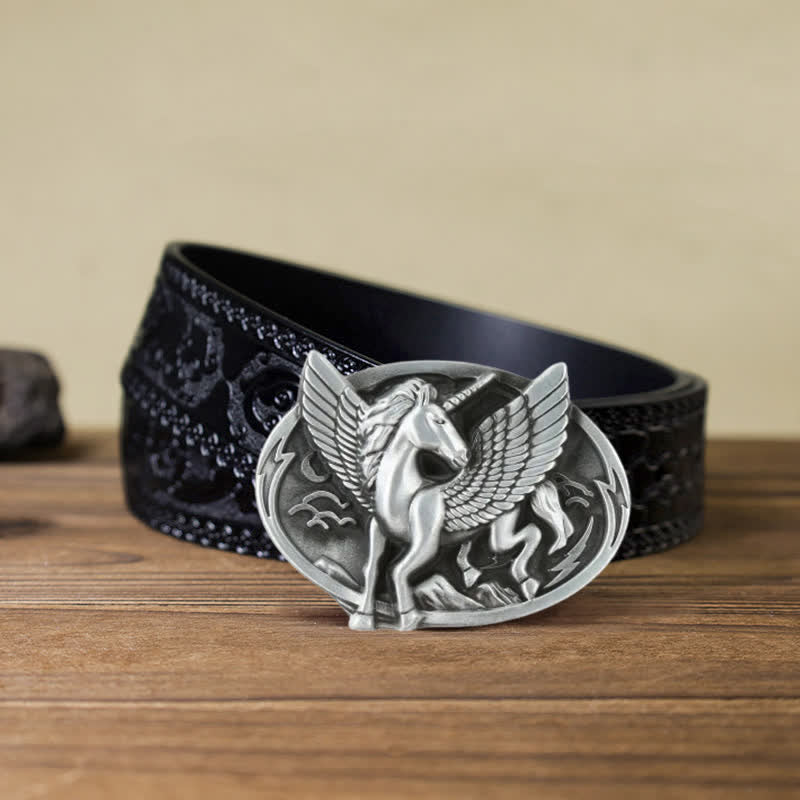 Cintura in pelle con fibbia unicorno argento antico fai da te da uomo - Unicorno - Cintura nera intagliata (40) - image 11