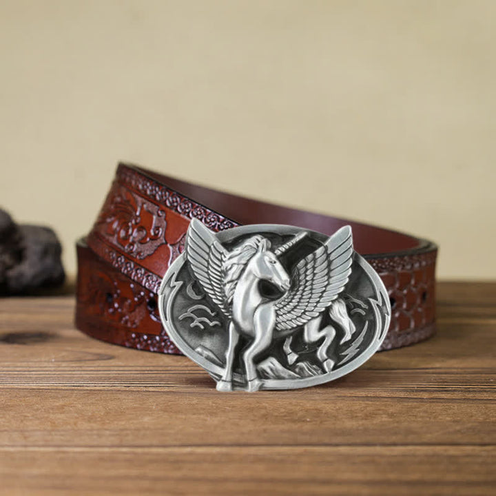 Cintura in pelle con fibbia unicorno argento antico fai da te da uomo - Unicorno - Cintura marrone intagliata (40) - image 13