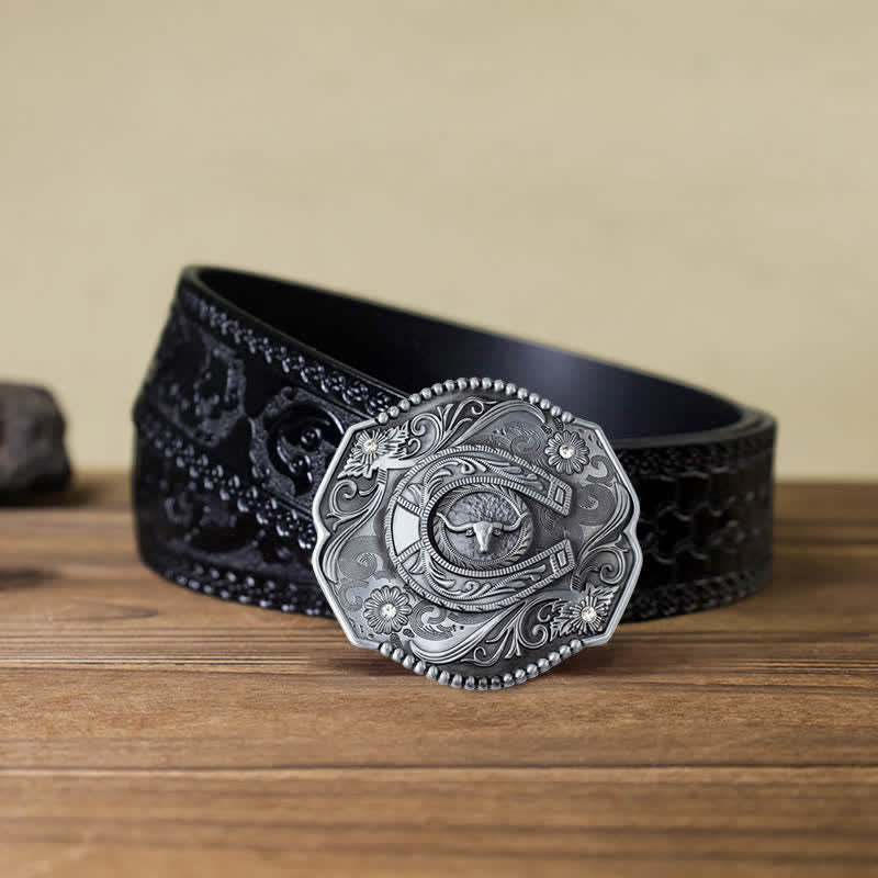 Cintura in pelle con fibbia a forma di toro floreale con strass fai da te da uomo - Toro - Cintura nera intagliata (40) - image 11