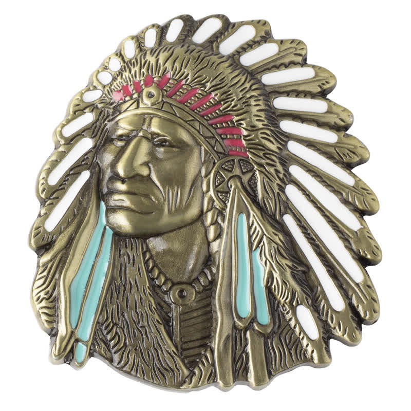 Cintura in pelle con fibbia capo indiano colorata fai da te da uomo - Bronzo antico - Senza cintura - image 3