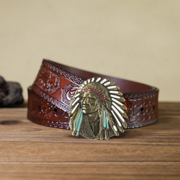 Cintura in pelle con fibbia capo indiano colorata fai da te da uomo - Bronzo antico - Cintura marrone intagliata (40) - image 19