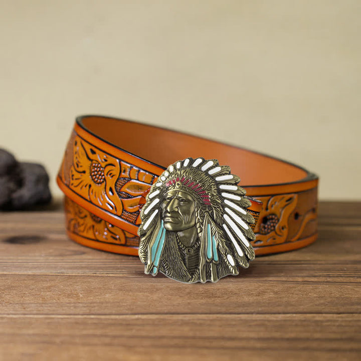 Cintura in pelle con fibbia capo indiano colorata fai da te da uomo - Bronzo antico - Cintura intagliata arancione (40) - image 25