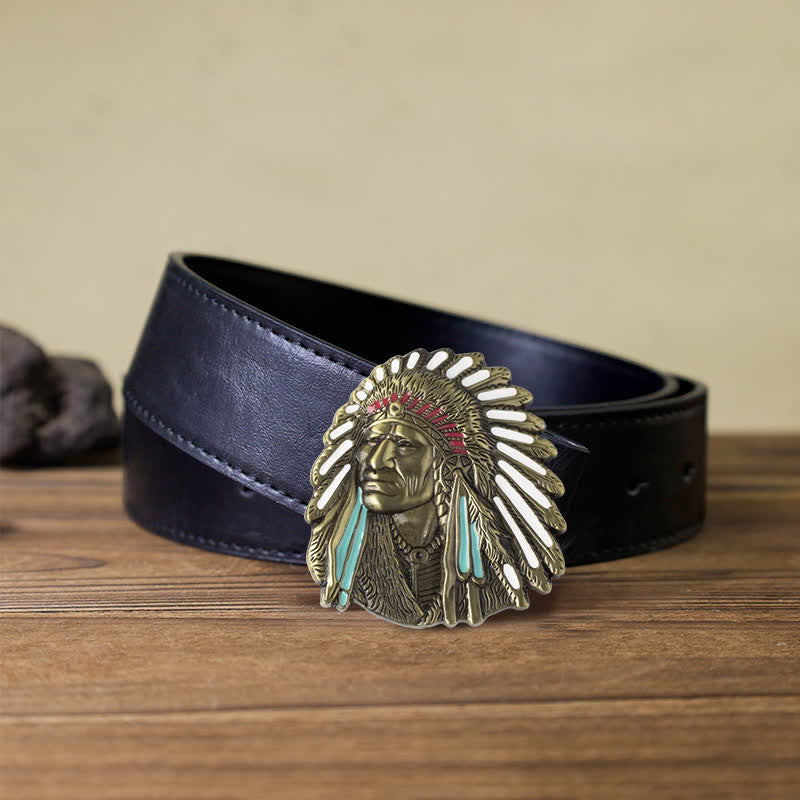 Cintura in pelle con fibbia capo indiano colorata fai da te da uomo - Bronzo antico - Cintura PU nera (40) - image 7