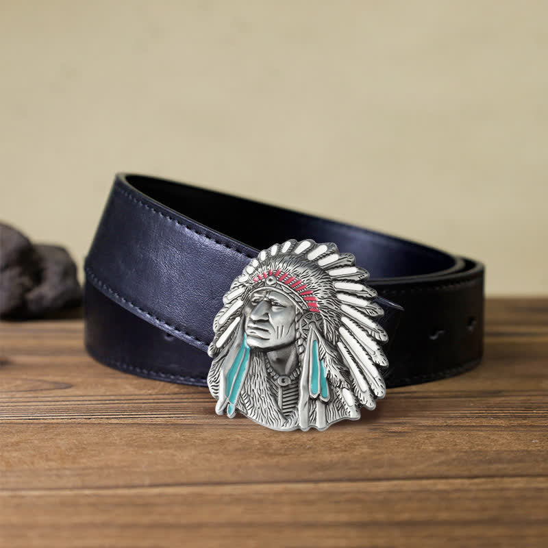 Cintura in pelle con fibbia capo indiano colorata fai da te da uomo - Argento antico - Cintura PU nera (40) - image 6