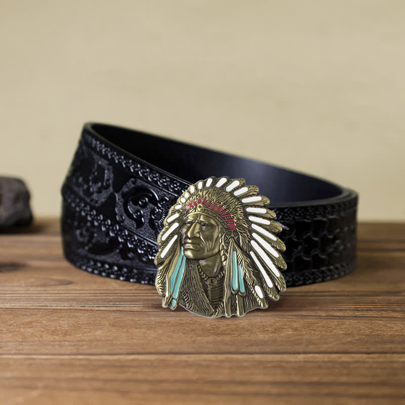 Cintura in pelle con fibbia capo indiano colorata fai da te da uomo - Bronzo antico - Cintura nera intagliata (40) - image 16
