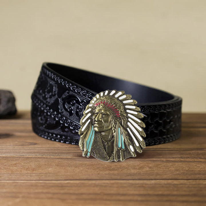 Cintura in pelle con fibbia capo indiano colorata fai da te da uomo - Bronzo antico - Cintura nera intagliata (40) - image 16