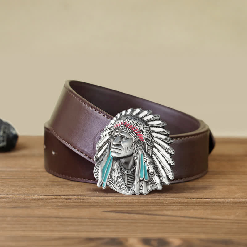 Cintura in pelle con fibbia capo indiano colorata fai da te da uomo - Argento antico - Cintura PU marrone (40) - image 12