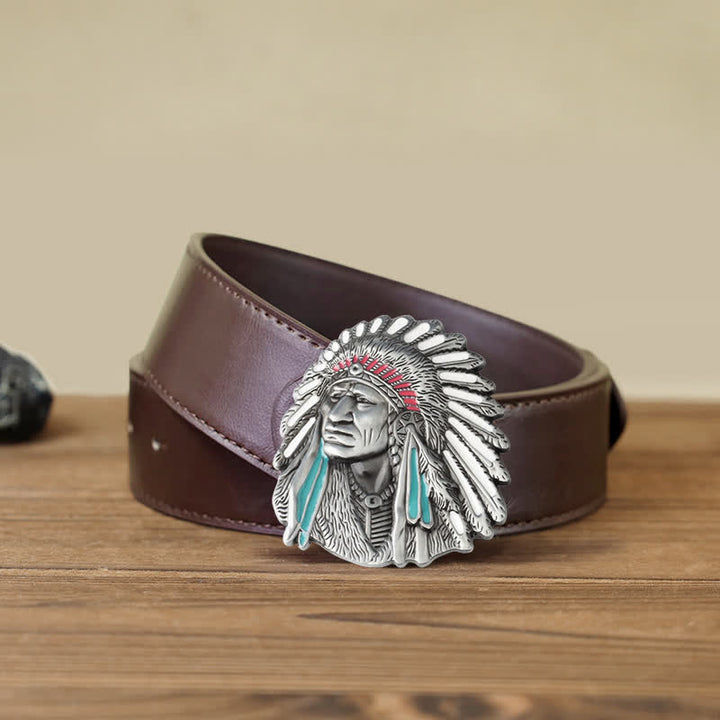 Cintura in pelle con fibbia capo indiano colorata fai da te da uomo - Argento antico - Cintura PU marrone (40) - image 12