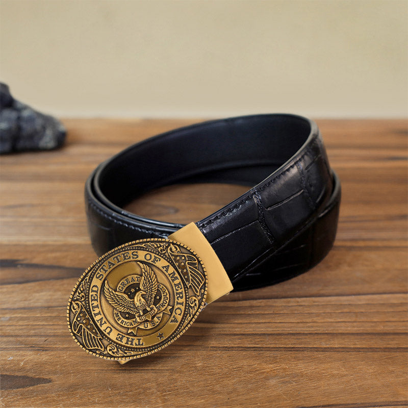 Cintura in pelle con fibbia automatica fai da te con bandiera USA Eagle da uomo - Bronzo antico - Cintura con motivo coccodrillo nero (40) - image 12
