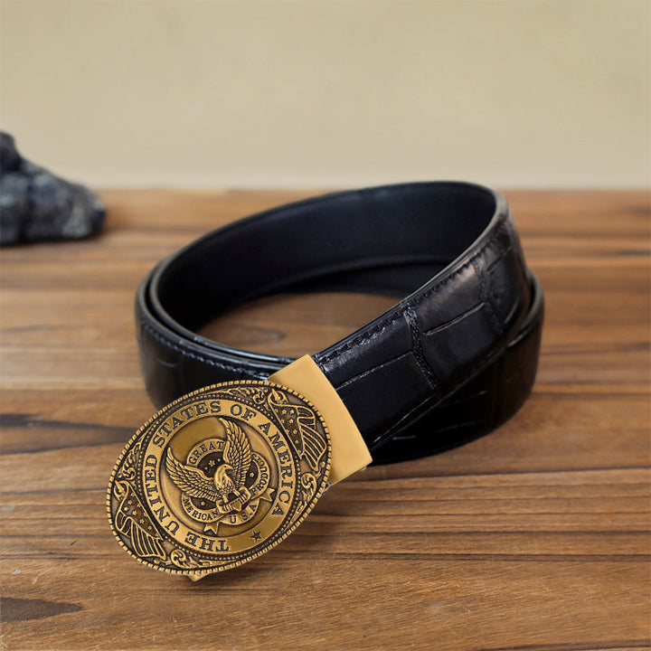 Cintura in pelle con fibbia automatica fai da te con bandiera USA Eagle da uomo - Bronzo antico - Cintura con motivo coccodrillo nero (40) - image 12
