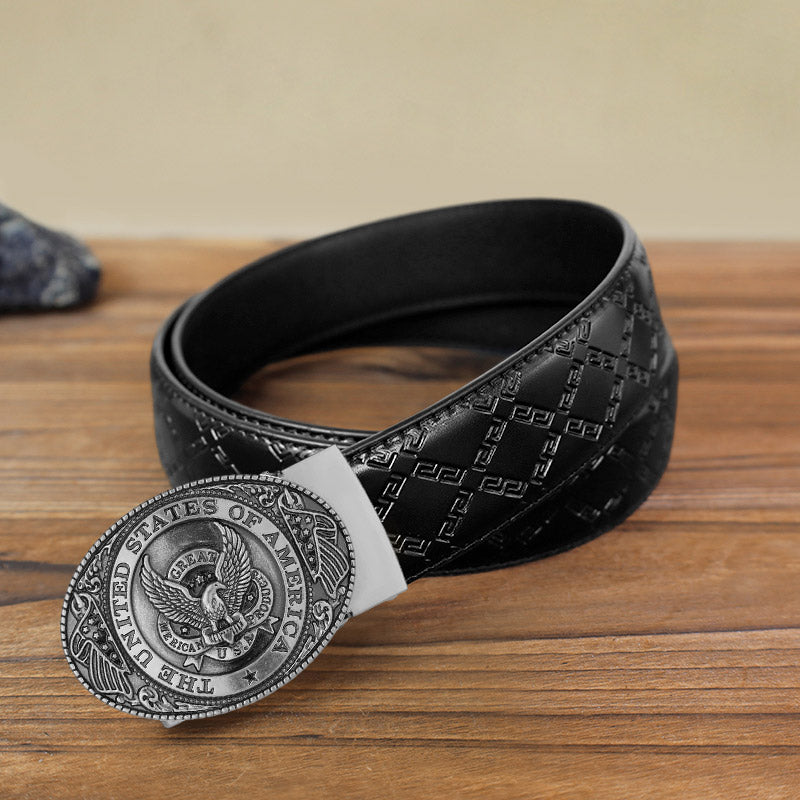 Cintura in pelle con fibbia automatica fai da te con bandiera USA Eagle da uomo - Argento antico - Cintura modello diamante nero (40) - image 2