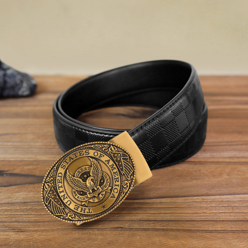 Cintura in pelle con fibbia automatica fai da te con bandiera USA Eagle da uomo - Bronzo antico - Cintura con motivo a quadri neri (40) - image 16