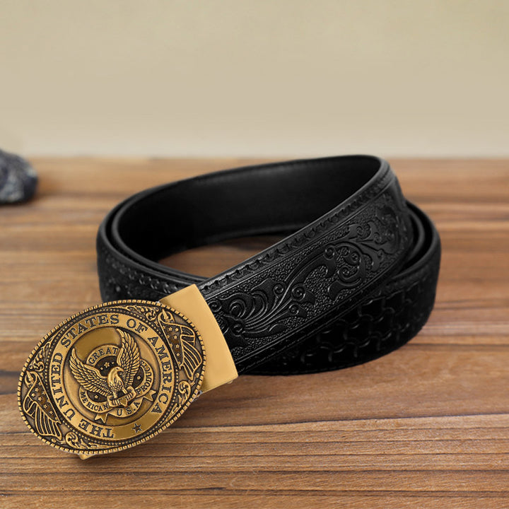 Cintura in pelle con fibbia automatica fai da te con bandiera USA Eagle da uomo - Bronzo antico - Cintura nera con motivo intagliato (40) - image 15