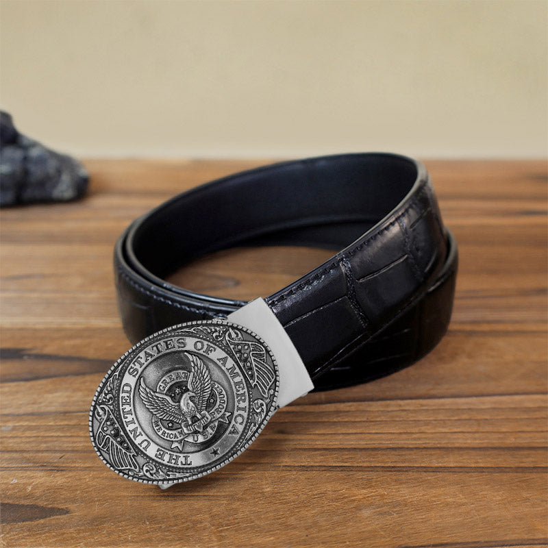 Cintura in pelle con fibbia automatica fai da te con bandiera USA Eagle da uomo - Argento antico - Cintura con motivo coccodrillo nero (40) - image 1