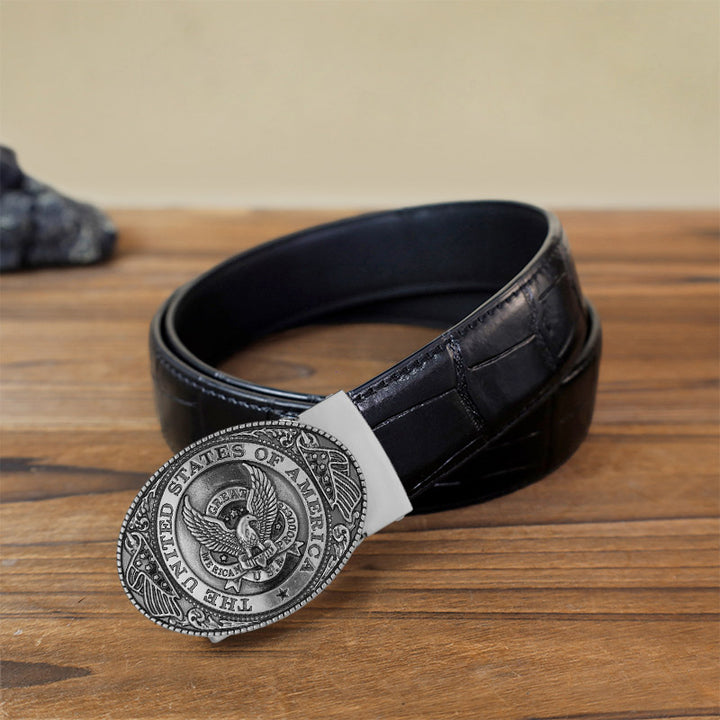 Cintura in pelle con fibbia automatica fai da te con bandiera USA Eagle da uomo - Argento antico - Cintura con motivo coccodrillo nero (40) - image 1