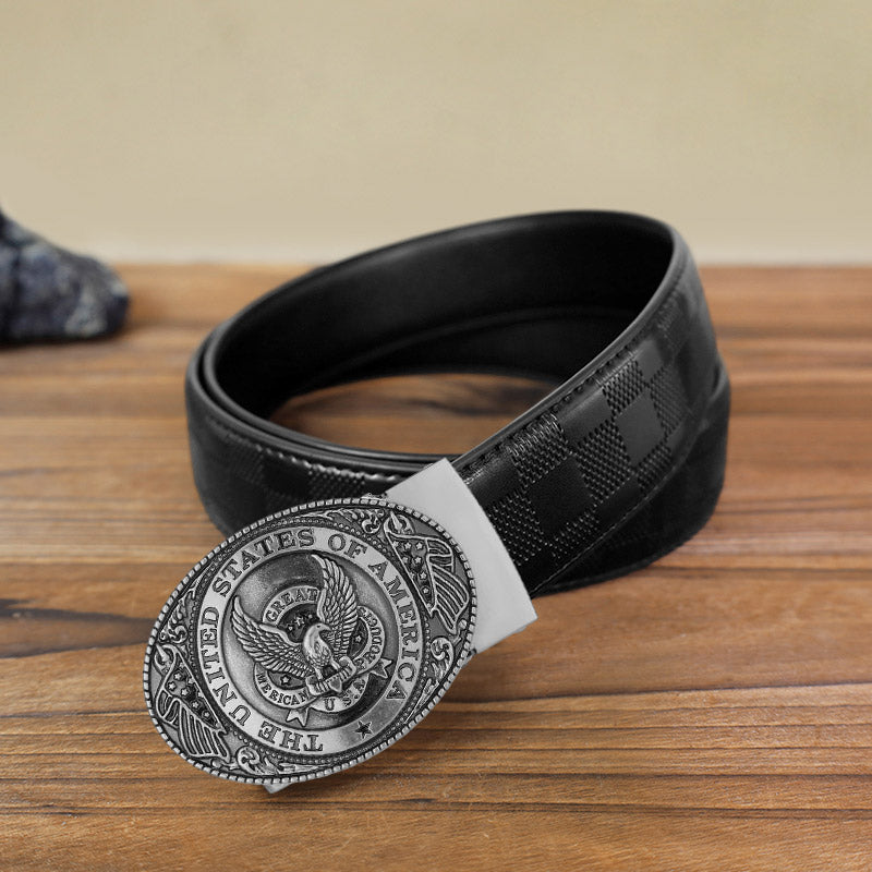Cintura in pelle con fibbia automatica fai da te con bandiera USA Eagle da uomo - Argento antico - Cintura con motivo a quadri neri (40) - image 5