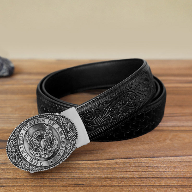 Cintura in pelle con fibbia automatica fai da te con bandiera USA Eagle da uomo - Argento antico - Cintura nera con motivo intagliato (40) - image 4