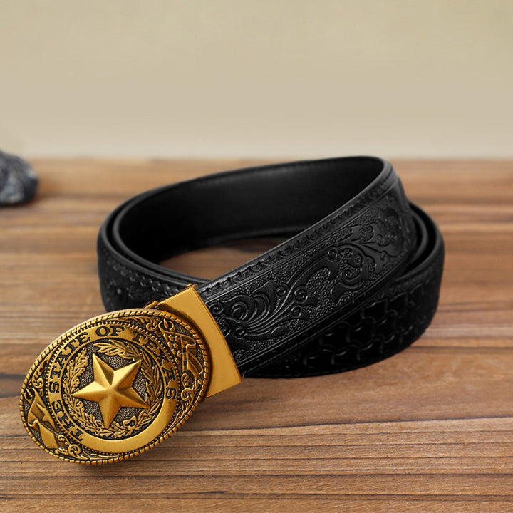 Cintura in pelle con fibbia automatica Texas Pentagram fai da te da uomo - Bronzo antico - Cintura nera con motivo intagliato (40) - image 16