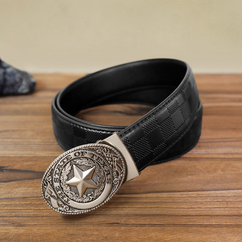 Cintura in pelle con fibbia automatica Texas Pentagram fai da te da uomo - Argento antico - Cintura con motivo a quadri neri (40) - image 8