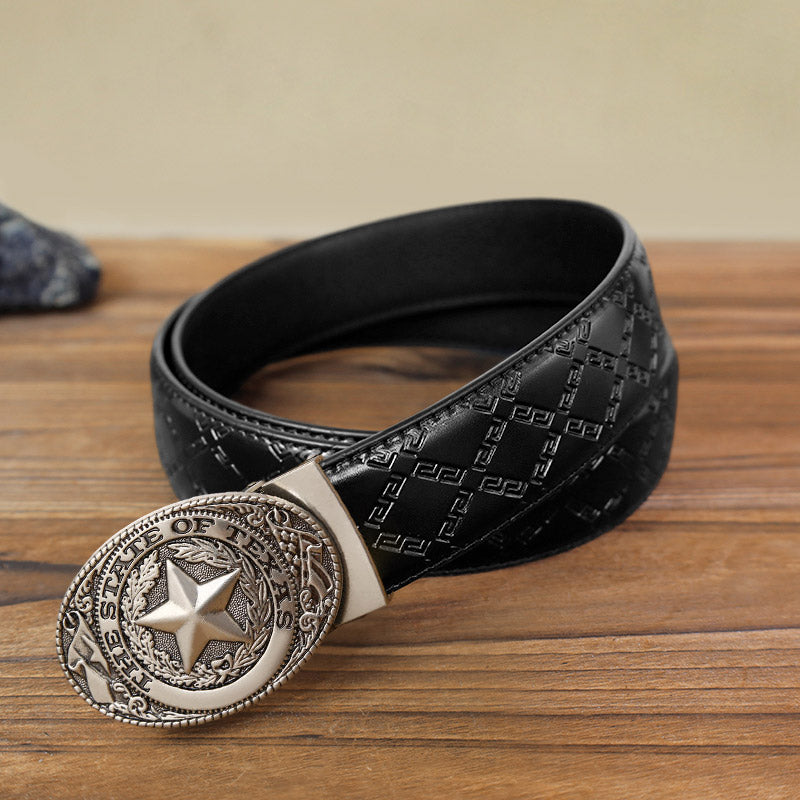 Cintura in pelle con fibbia automatica Texas Pentagram fai da te da uomo - Argento antico - Cintura modello diamante nero (40) - image 5