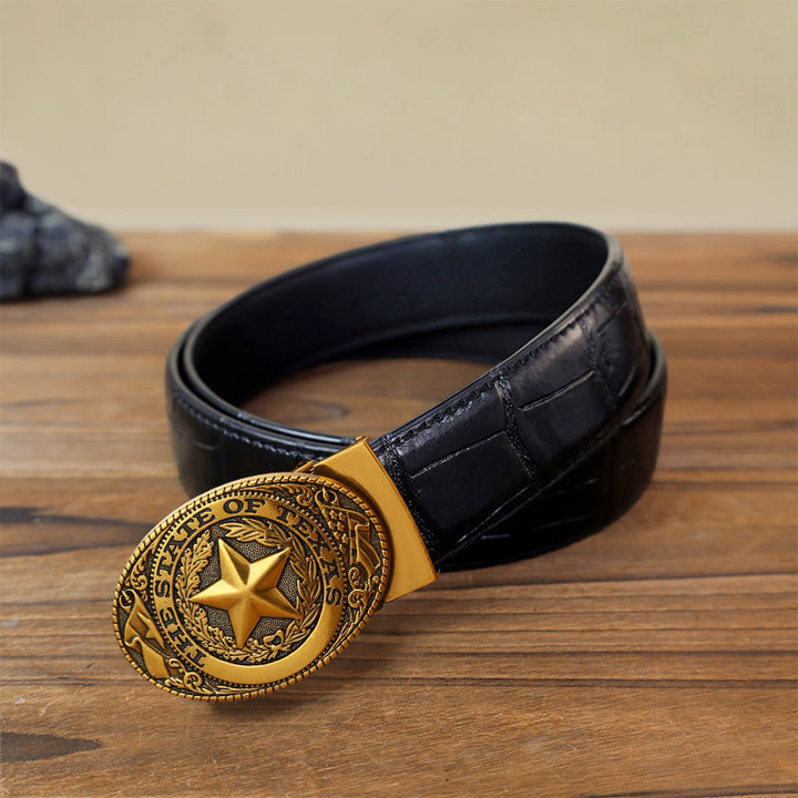 Cintura in pelle con fibbia automatica Texas Pentagram fai da te da uomo - Bronzo antico - Cintura con motivo coccodrillo nero (40) - image 13