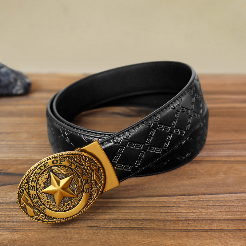 Cintura in pelle con fibbia automatica Texas Pentagram fai da te da uomo - Bronzo antico - Cintura modello diamante nero (40) - image 14