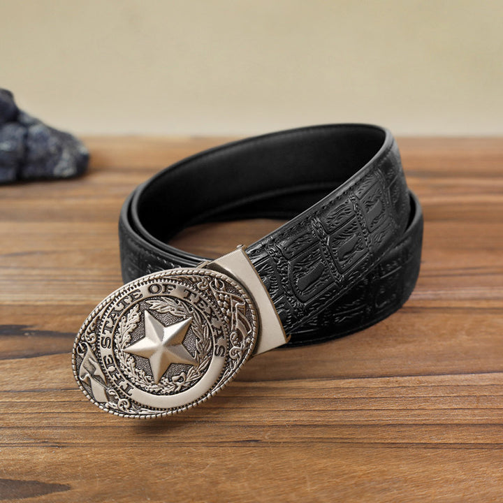 Cintura in pelle con fibbia automatica Texas Pentagram fai da te da uomo - Argento antico - Cintura con motivo serpente nero (40) - image 6