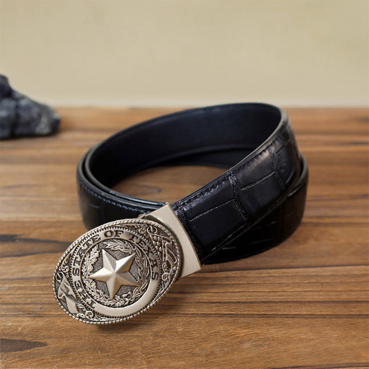 Cintura in pelle con fibbia automatica Texas Pentagram fai da te da uomo - Argento antico - Cintura con motivo coccodrillo nero (40) - image 4