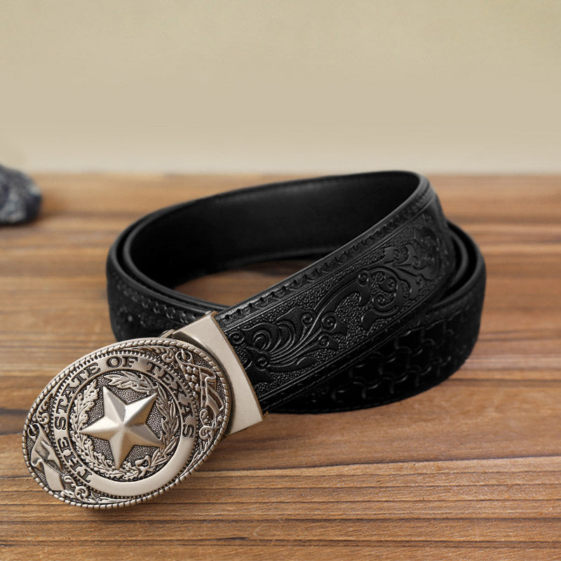 Cintura in pelle con fibbia automatica Texas Pentagram fai da te da uomo - Argento antico - Cintura nera con motivo intagliato (40) - image 7