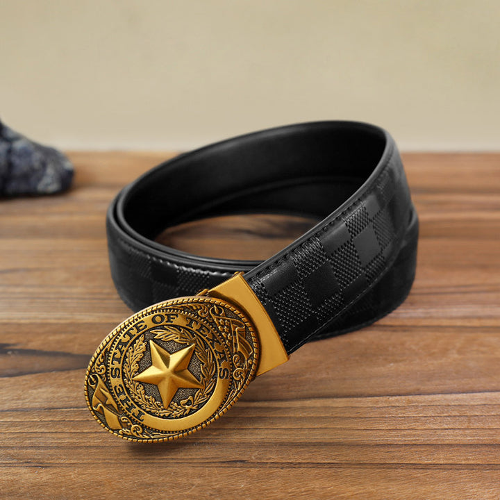 Cintura in pelle con fibbia automatica Texas Pentagram fai da te da uomo - Bronzo antico - Cintura con motivo a quadri neri (40) - image 17