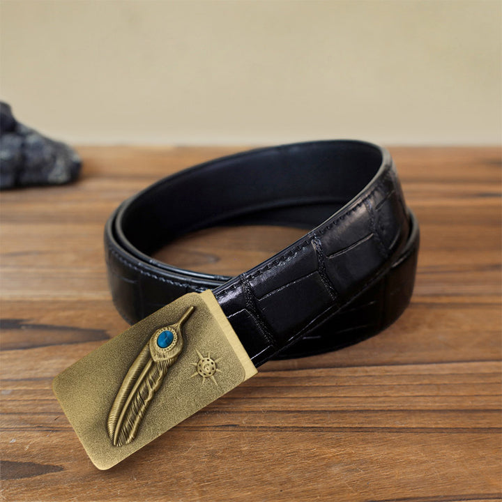 Cintura in pelle con fibbia automatica turchese con piuma in rilievo fai da te da uomo - Piuma - Cintura con motivo coccodrillo nero (40) - image 1