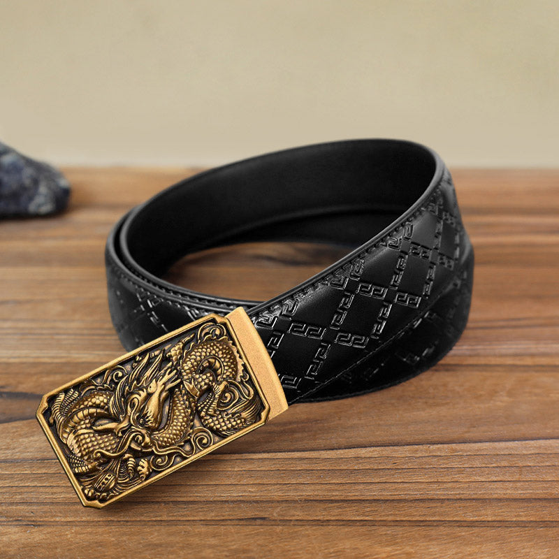 Cintura in pelle con fibbia automatica fai da te a forma di drago arrotolato da uomo - Oro antico - Cintura con motivo a diamante nero (115 cm/46 pollici) - image 2
