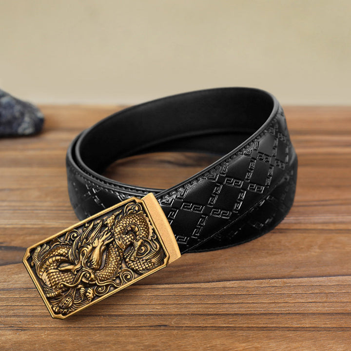 Cintura in pelle con fibbia automatica fai da te a forma di drago arrotolato da uomo - Oro antico - Cintura con motivo a diamante nero (115 cm/46 pollici) - image 2