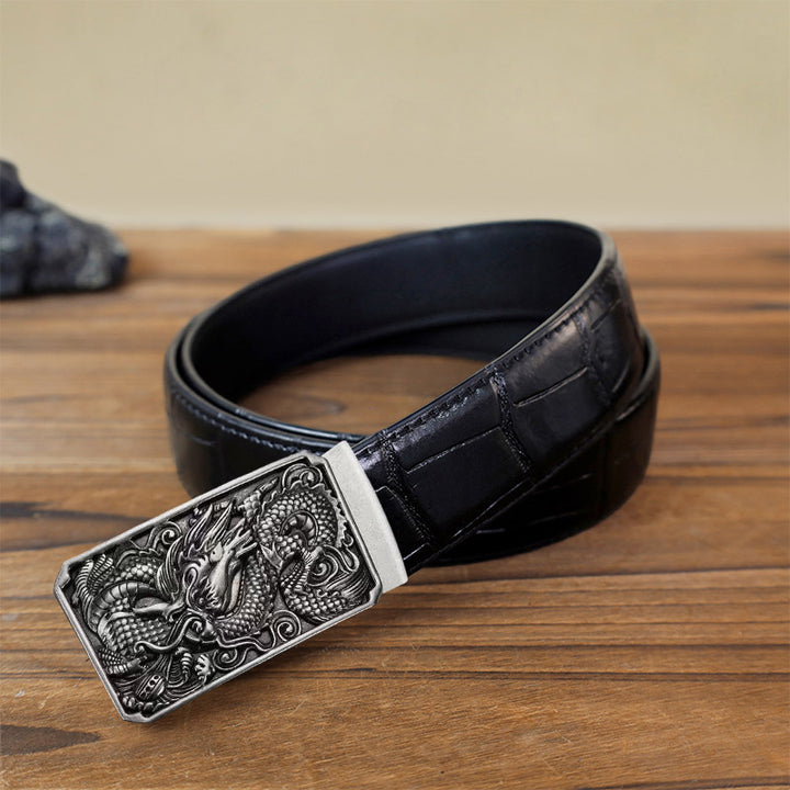Cintura in pelle con fibbia automatica fai da te a forma di drago arrotolato da uomo - Argento antico - Cintura con motivo coccodrillo nero (115 cm/46 pollici) - image 10