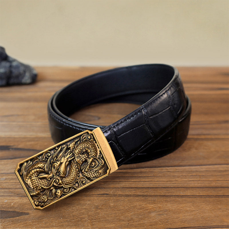 Cintura in pelle con fibbia automatica fai da te a forma di drago arrotolato da uomo - Oro antico - Cintura con motivo coccodrillo nero (115 cm/46 pollici) - image 1