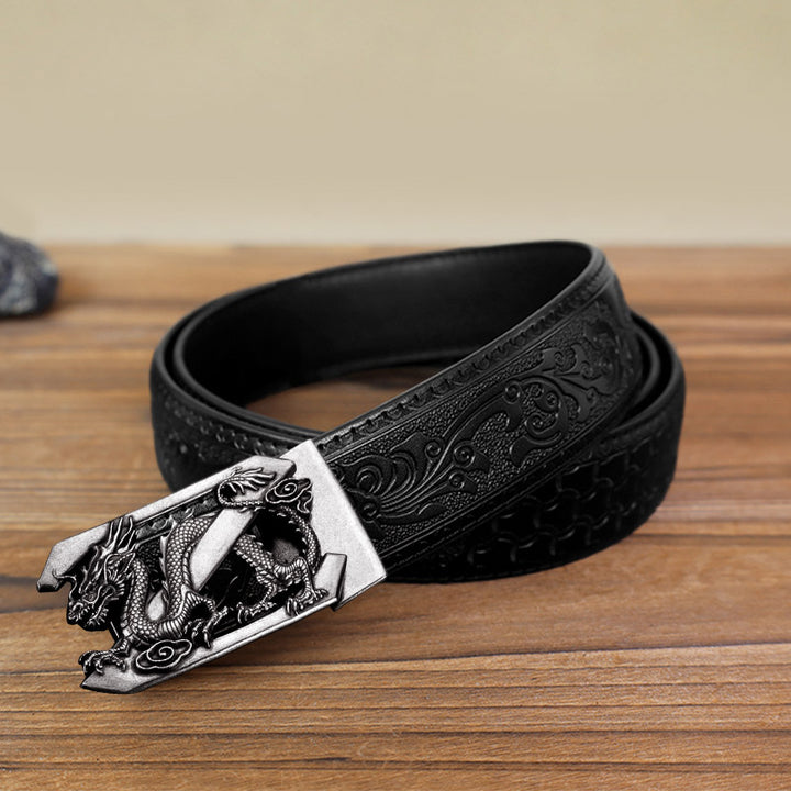 Cintura in pelle con fibbia automatica fai da te con lettera Z drago da uomo - Argento antico - Cintura nera con motivo intagliato (40) - image 13