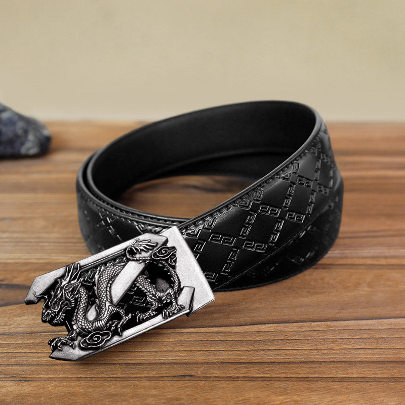 Cintura in pelle con fibbia automatica fai da te con lettera Z drago da uomo - Argento antico - Cintura modello diamante nero (40) - image 11