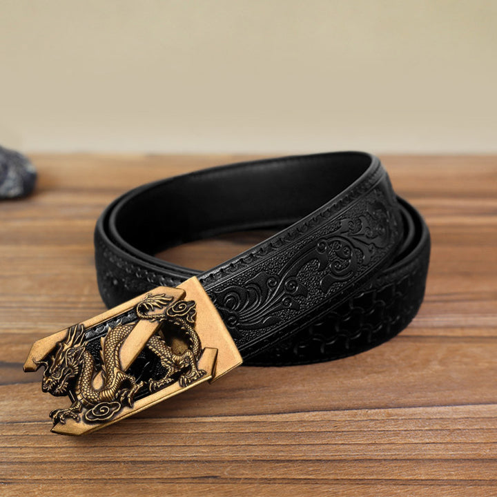 Cintura in pelle con fibbia automatica fai da te con lettera Z drago da uomo - Oro antico - Cintura nera con motivo intagliato (40) - image 4