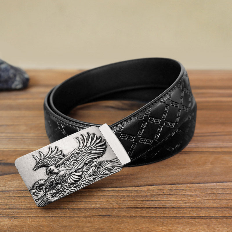 Cintura in pelle con fibbia automatica fai da te Eagle Spread Wings da uomo - Argento antico - Cintura modello diamante nero (40) - image 2