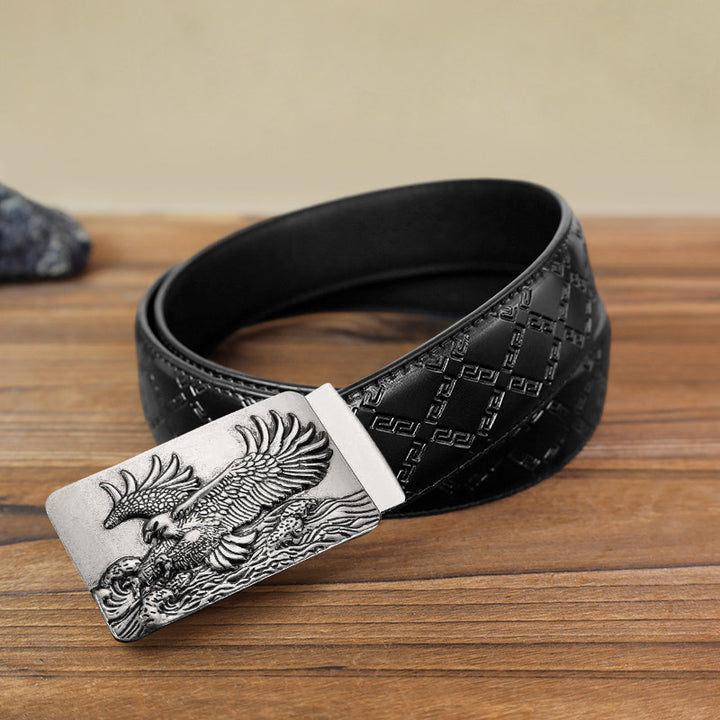 Cintura in pelle con fibbia automatica fai da te Eagle Spread Wings da uomo - Argento antico - Cintura modello diamante nero (40) - image 2