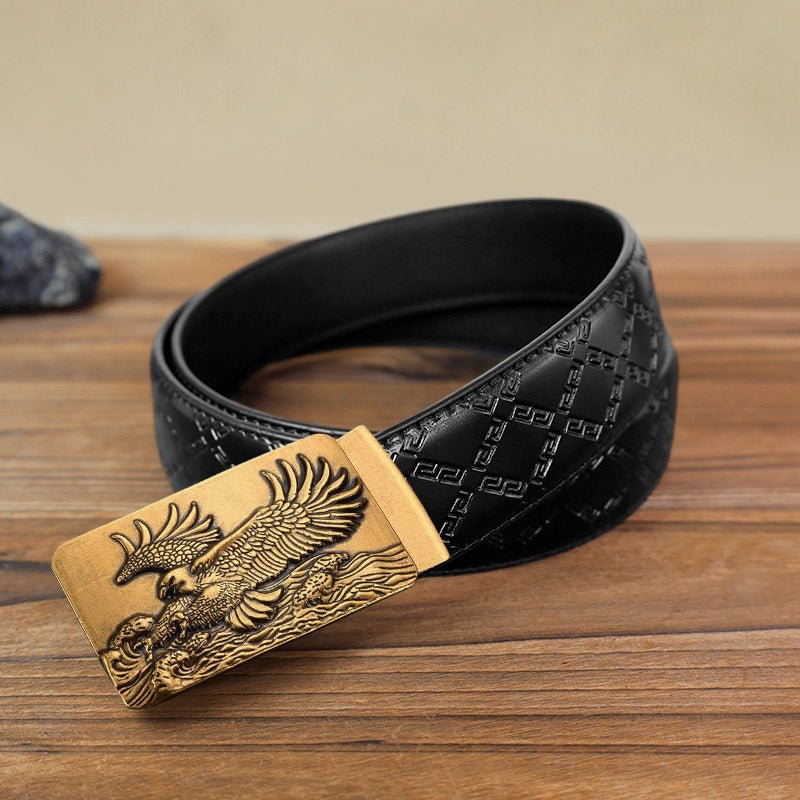 Cintura in pelle con fibbia automatica fai da te Eagle Spread Wings da uomo - Oro antico - Cintura modello diamante nero (40) - image 11