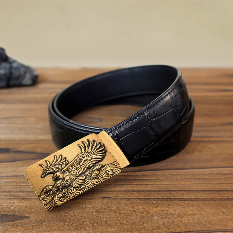 Cintura in pelle con fibbia automatica fai da te Eagle Spread Wings da uomo - Oro antico - Cintura con motivo coccodrillo nero (40) - image 10
