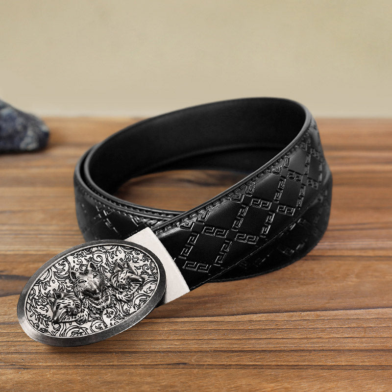 Cintura in pelle con fibbia automatica Hungry Wolves fai da te da uomo - Argento antico - Cintura modello diamante nero (40) - image 2