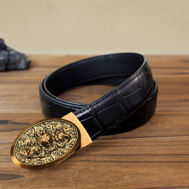Cintura in pelle con fibbia automatica Hungry Wolves fai da te da uomo - Oro antico - Cintura con motivo coccodrillo nero (40) - image 10
