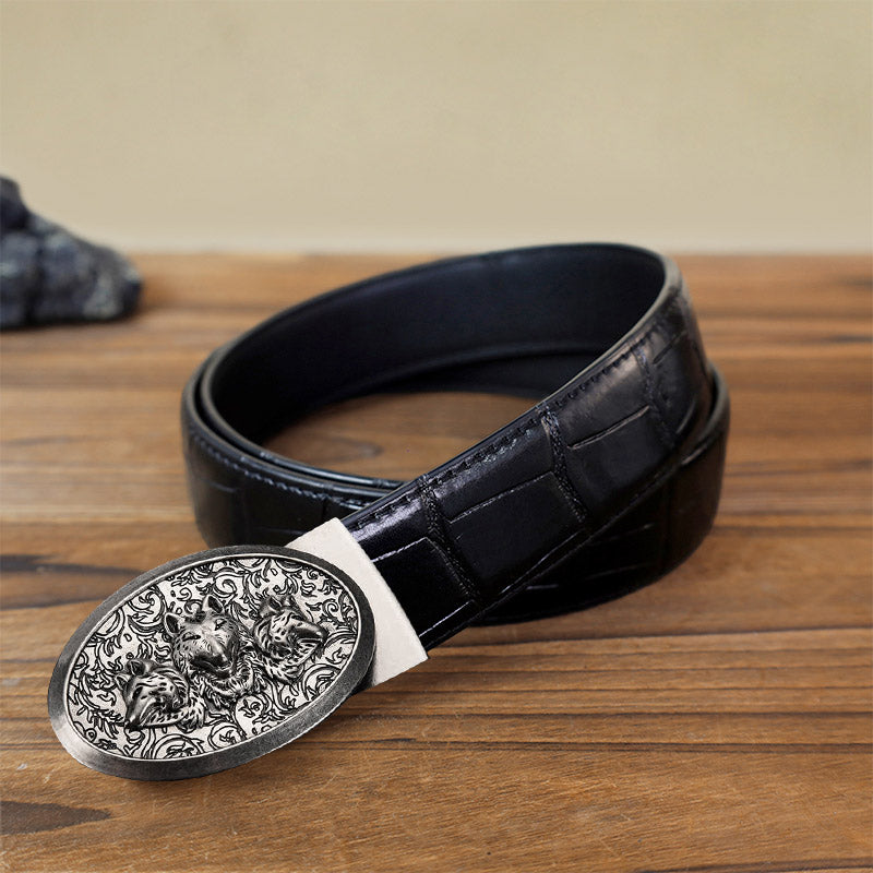 Cintura in pelle con fibbia automatica Hungry Wolves fai da te da uomo - Argento antico - Cintura con motivo coccodrillo nero (40) - image 1