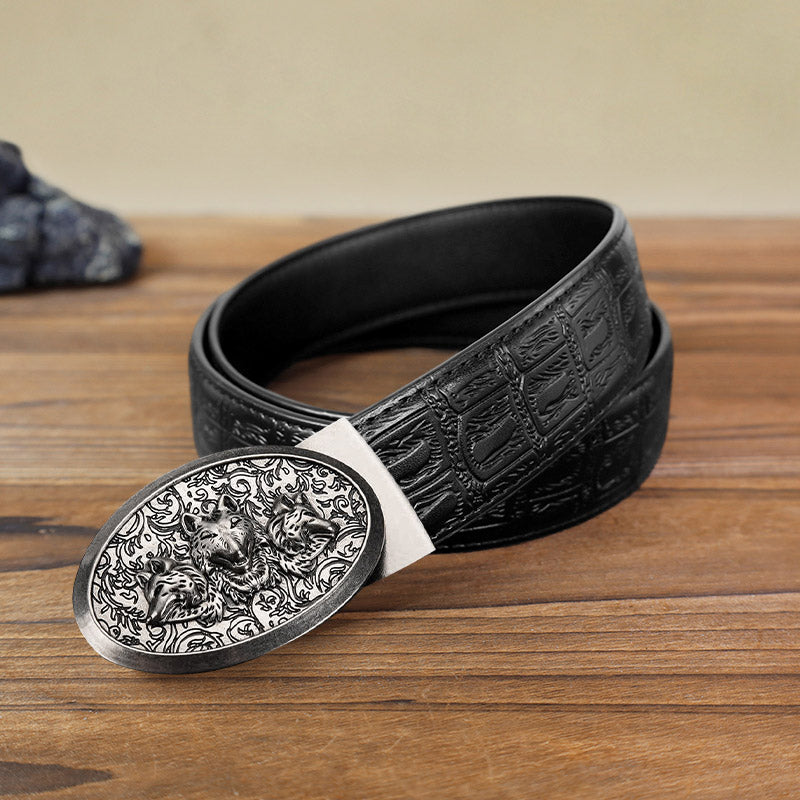Cintura in pelle con fibbia automatica Hungry Wolves fai da te da uomo - Argento antico - Cintura con motivo serpente nero (40) - image 3